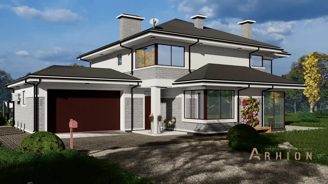 1. Проект двухэтажного дома в современном стиле с многоскатной кровлей, h-1624, площадью - 261 кв c гаражом, вторым светом